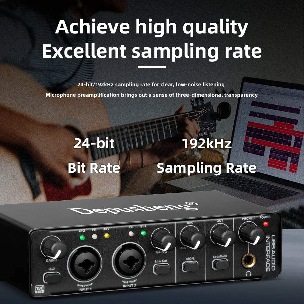 USB Audio Interface 2-In/2-Out with 48V Phantom Power — Low-Latency Recording & Live Monitoring for Guitar, Vocals, Podcasting