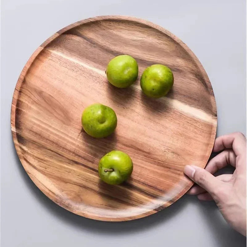 Acacia Wood Round Serving Platter Tray – 15/20/25 cm (6/7.9/9.8 in) Pizza Salad Dessert Plate