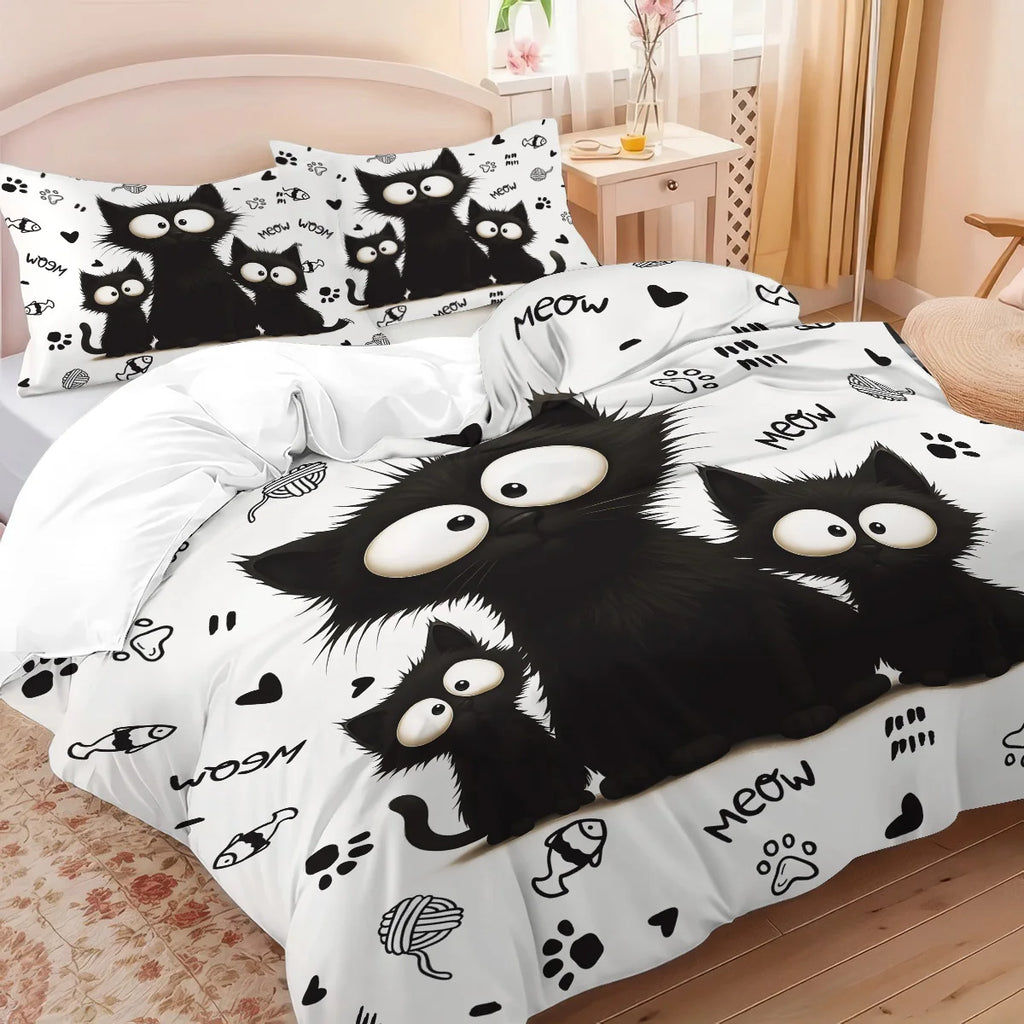 3-Piece Black Cat Printed Duvet Cover Bedding Set – 1 Duvet Cover + 2 Pillowcases, Multi-Size (1.0–2.8 m / 3.3–9 ft), Microfiber Polyester, Machine Washable