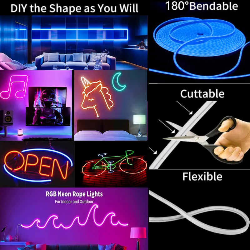 USB 5V RGB LED Neon Strip Light 1m/2m/3m/5m (3.3/6.6/9.8/16.4 ft) WiFi & Bluetooth Smart Strip Tuya Smart Life Alexa Compatible