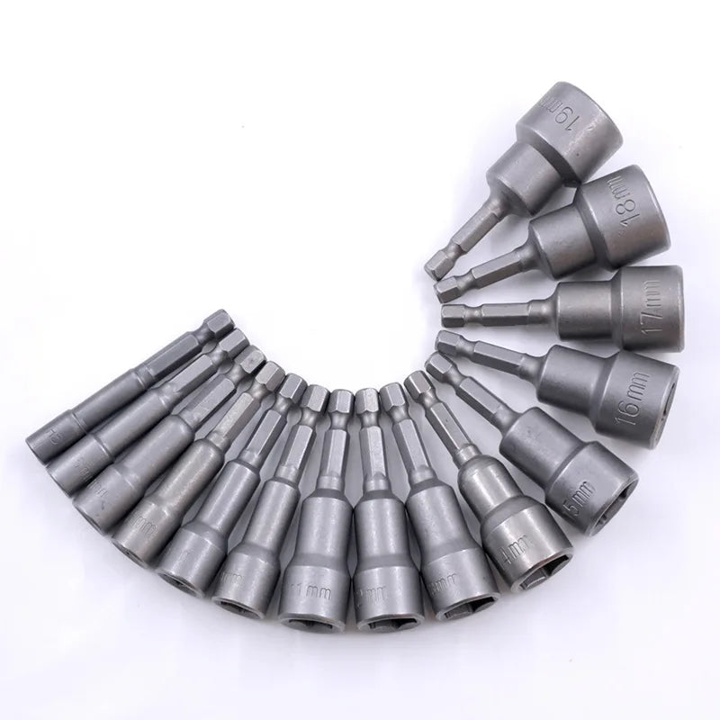 14-Piece Chrome Vanadium Hex Socket Bit Set - 1/4-inch (6.35mm) Universal Hex Shank with Extension Rods & Pneumatic Screwdriver Inserts