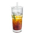 600ml (20 oz) Striped Glass Tumbler with Lid & Straw - Clear Drinking Cup for Juice, Water & Iced Coffee (Single or 2-Pack)