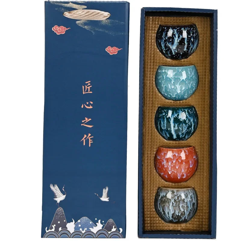 Five Elements Kiln-Change Ceramic Tea Cup Set with Gift Box, 5-Piece Porcelain Cups 150 ml (5.07 fl oz)