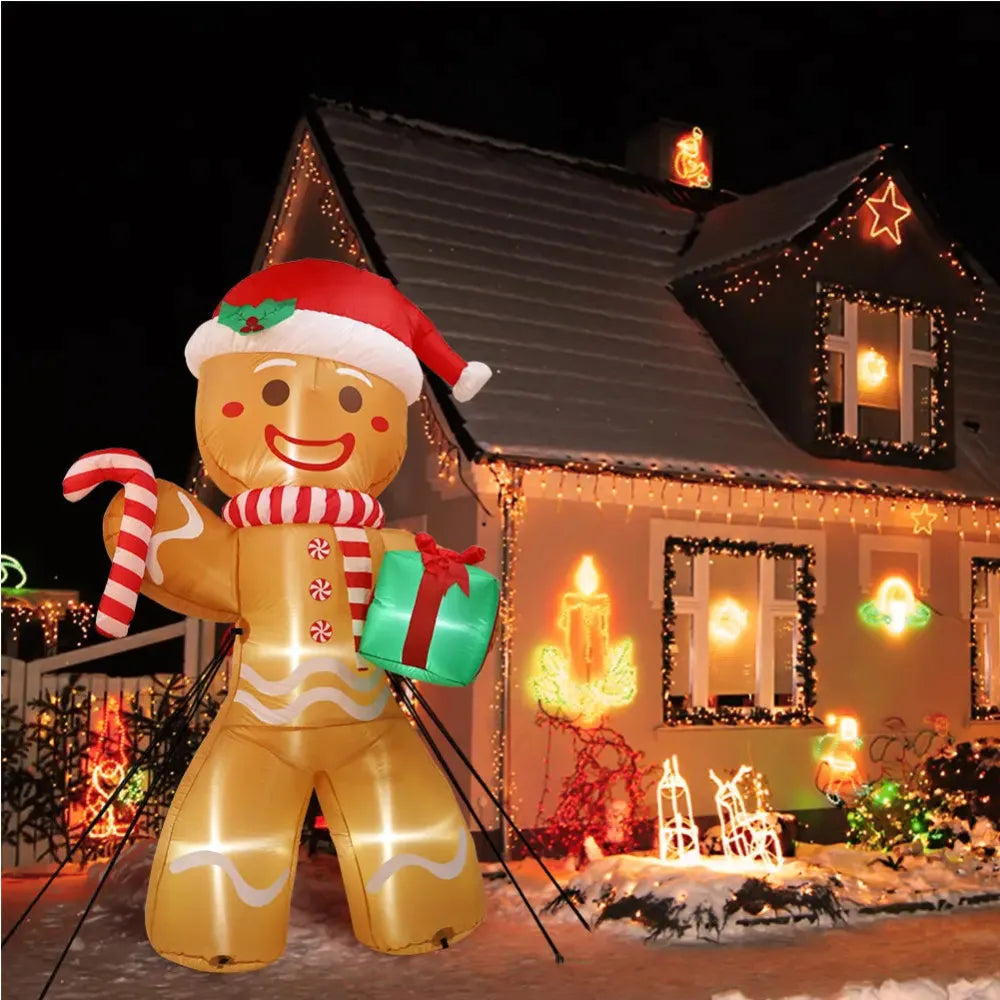 8 ft (2.4 m) Christmas Gingerbread Man Inflatable with LED Lights and Gift Sack - Outdoor Yard Lawn Decoration