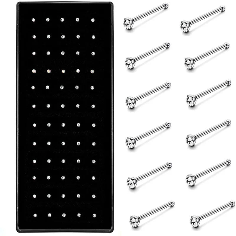 40/60-Piece Crystal 316L Stainless Steel Nose Piercing Kit - Straight L Studs & Helix Body Jewelry
