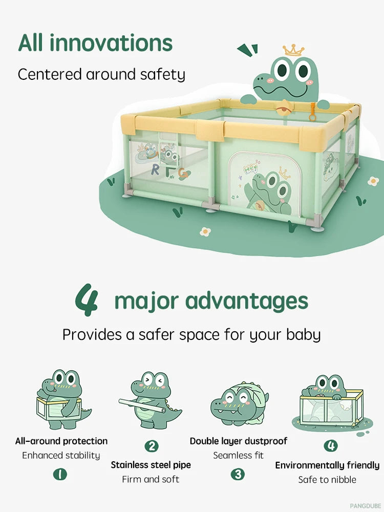 Crocodile Baby Playpen with Storage Bag & Hand Rings – Portable Play Fence for Ball Pit & Toddler Playground