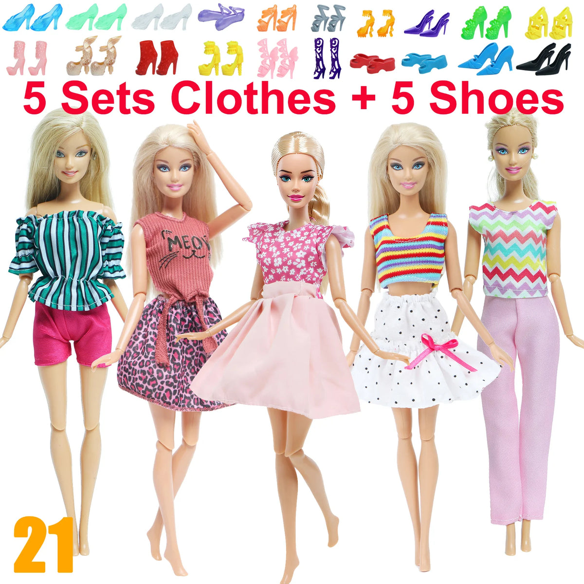 10-Piece 1/6 Scale Doll Clothes Set for 11.5–12 in (30 cm) Dolls — Dresses, Shirts, Pants & Shoes