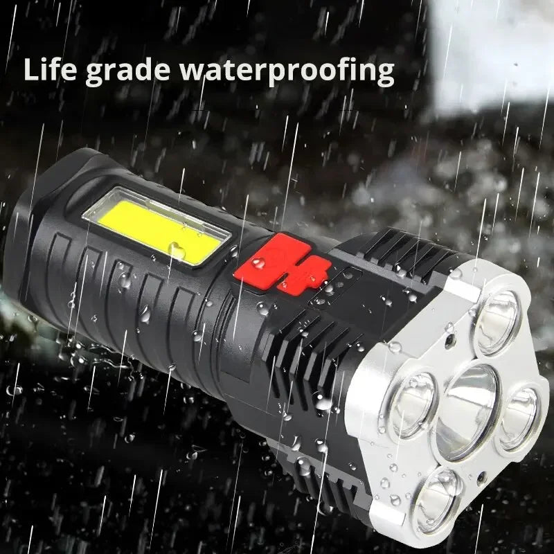 5-LED High Power Rechargeable Camping Flashlight with Side Light, 3 Modes — 100–200m (328–656 ft) Range