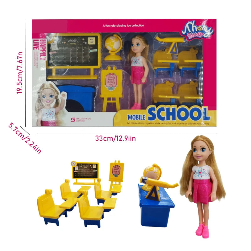 5.5in (14 cm) Doll Playset - Medical & School Role-Play Kit with Accessories, Gift Box for Kids