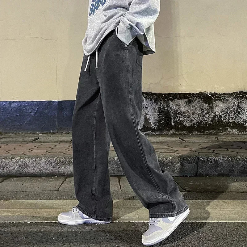 Men's Korean Streetwear Loose Wide-Leg Jeans - Straight Baggy Pants in Black & Light Blue