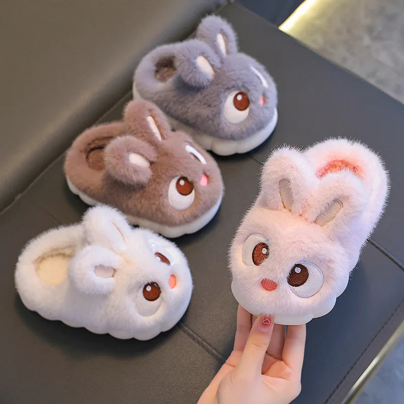 Kids Winter Plush Rabbit Slippers – Faux Fur Warm Anti-Slip Indoor Shoes for Boys & Girls