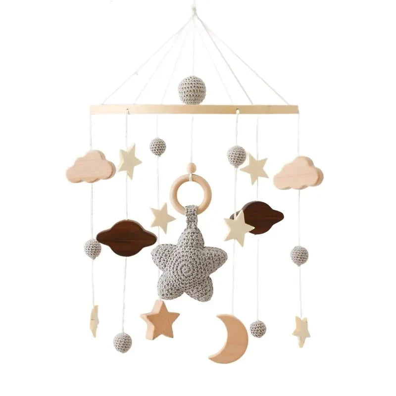 Wooden Crochet Crib Mobile with Felt Rattles – Hanging Bed Bell Toy for Newborns & Infants 0-12 Months