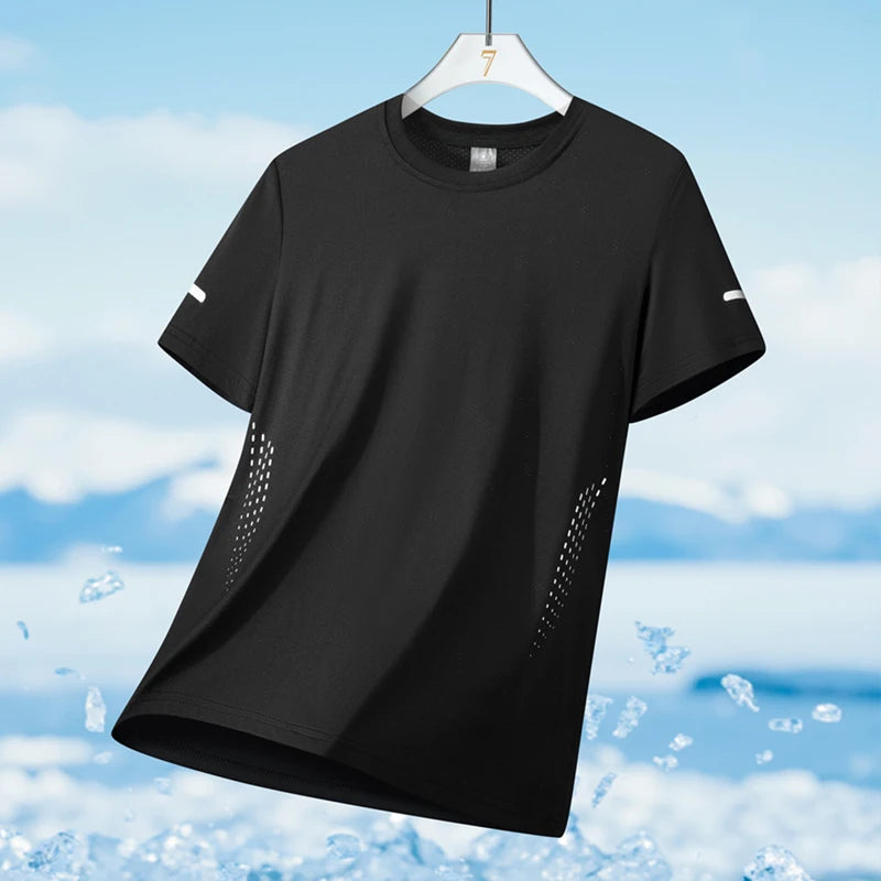 Men's Running T-Shirt Ice Silk Quick-Dry Breathable Mesh Short Sleeve Athletic Tee with Reflective Print