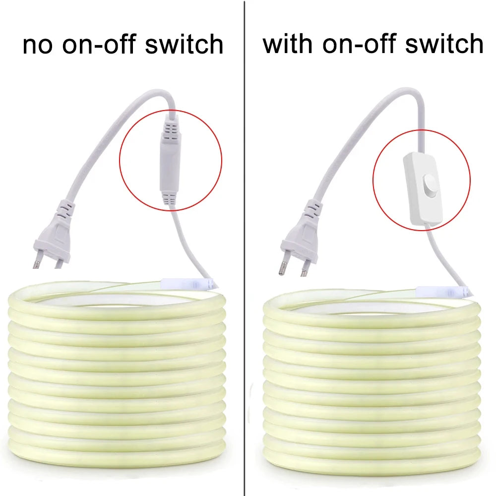 220V COB LED Strip Light with ON/OFF Switch IP65 Waterproof Flexible Ribbon Cuttable Every 50cm (3000K/6000K) for Bedroom Kitchen Garden