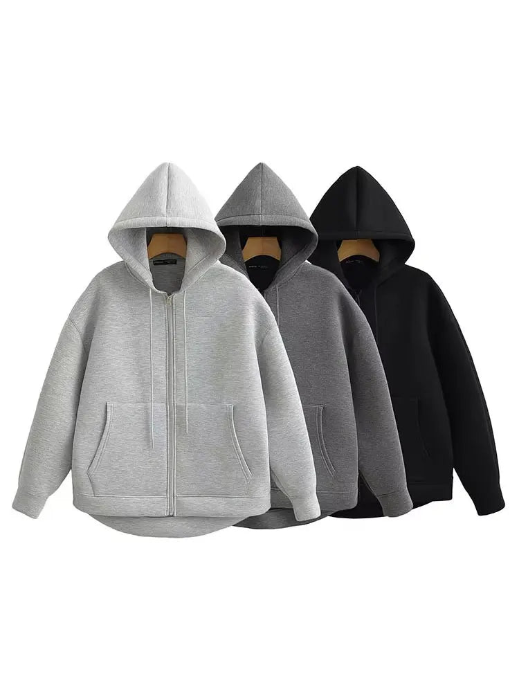 Women's Gray Hooded Zipper Jacket with Large Pockets Loose Long Sleeve Casual Coat