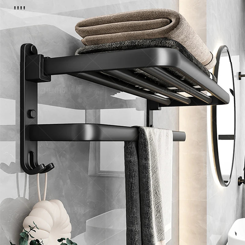 50 cm (19.7 in) Matte Black Folding Wall-Mount Aluminum Towel Rack with Hook, Double Bar