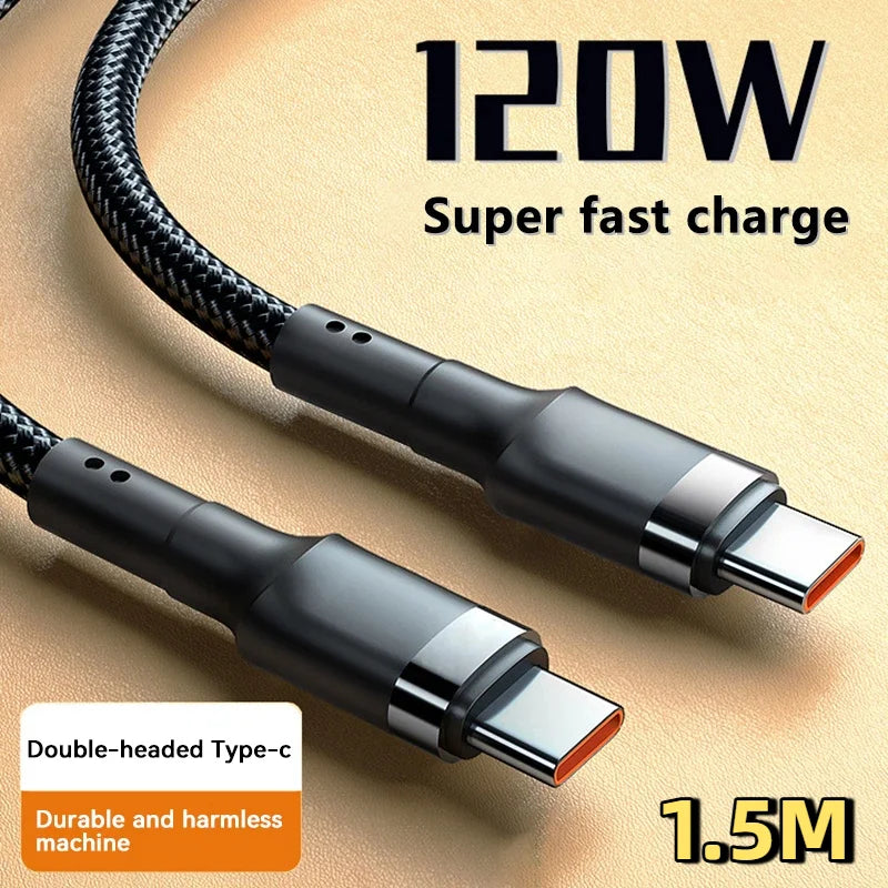 120W USB-C to USB-C PD Fast Charging Cable — 5A High-Speed Power Delivery for iPhone, Samsung, Xiaomi & USB-C Devices