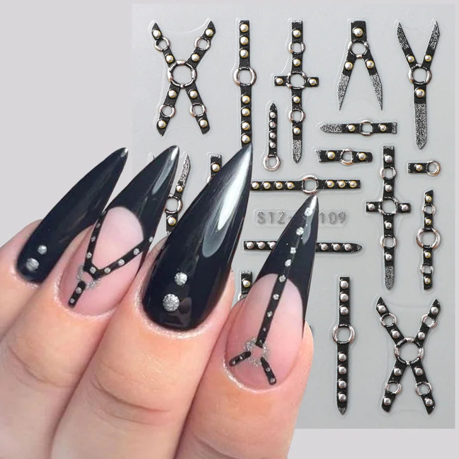 5D Gothic Punk Nail Stickers - Embossed Black Stripe Bandage Glitter Nail Decals (6×8 cm | 2.4×3.1 in)