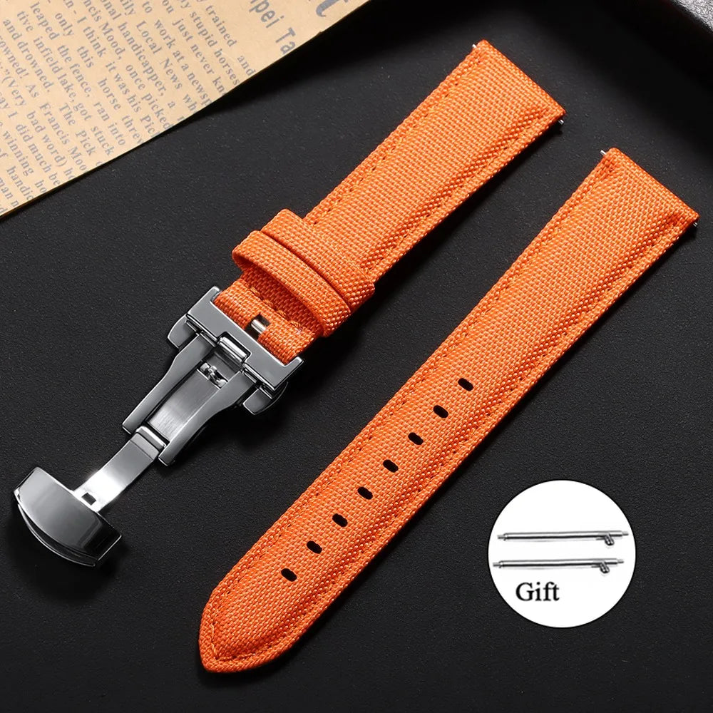 Sailcloth Nylon Leather Watch Strap 20mm 22mm Quick-Release Waterproof Butterfly Clasp Unisex Business Watch Band
