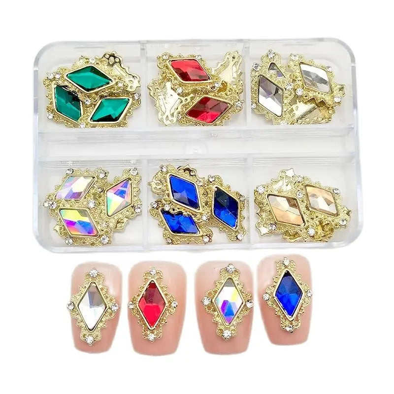 6-Grid Nail Rhinestone Kit – Saturn, Planet & Cross Crystal Nail Charms for Nail Art
