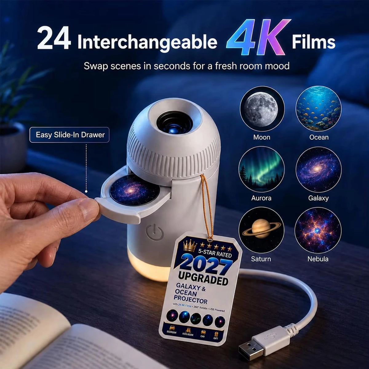 USB Starry Sky Galaxy Projector Lamp – 360° Adjustable Night Light for Bedroom, Home & Car