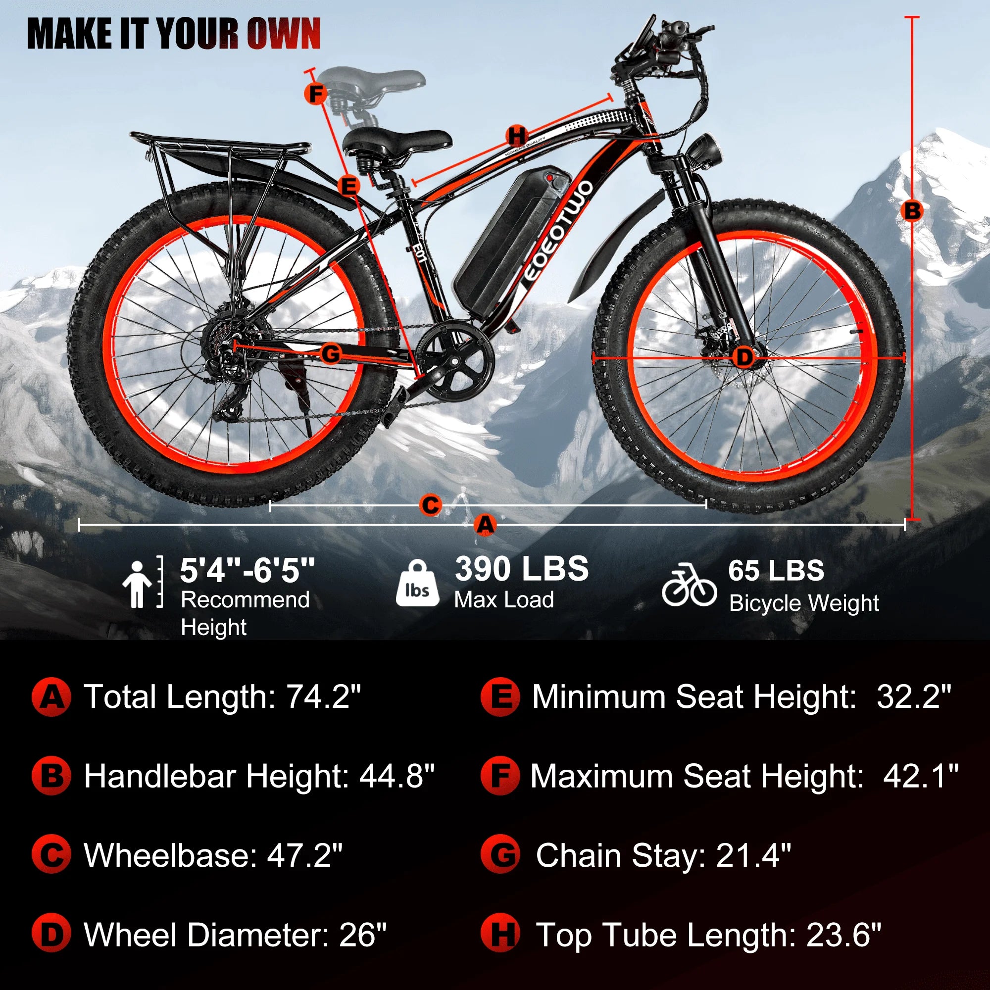 Adult Electric Fat Tire Bike 26-inch (66 cm), 1000W Motor (up to 1500W peak), 34 MPH (55 km/h), 60‑Mile Range, 4.0-inch Tires