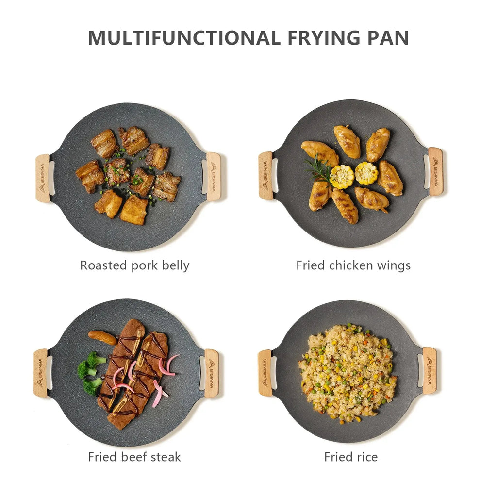 34cm (13.4 in) Non-Stick Outdoor BBQ Grill Pan with Wooden Handles, Stovetop & Camping Korean Grill Plate