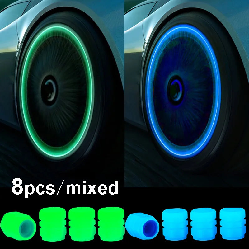 Glow-in-the-Dark Luminous Tire Valve Caps Set of 4 — Fluorescent Wheel Valve Stem Caps Universal for Car Motorcycle Bicycle