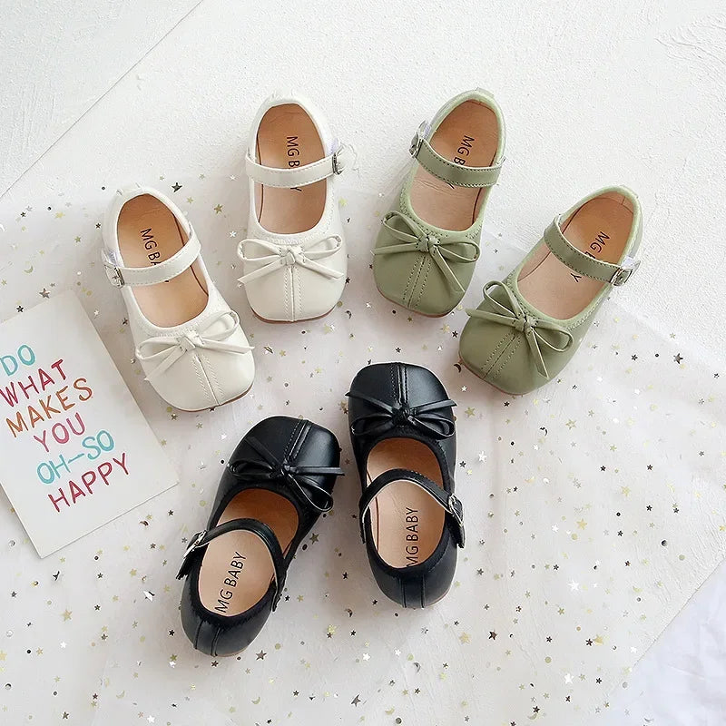 Girls PU Leather Mary Jane Flats with Butterfly Accent – Soft Sole Infant, Toddler & Kids Shoes