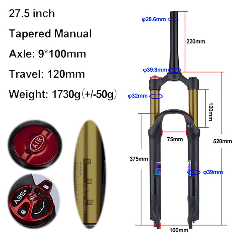 MTB Air Suspension Fork — 120mm Travel, Rebound Adjustable, 26/27.5/29 in, 9x100mm Quick Release, Disc Brake Compatible