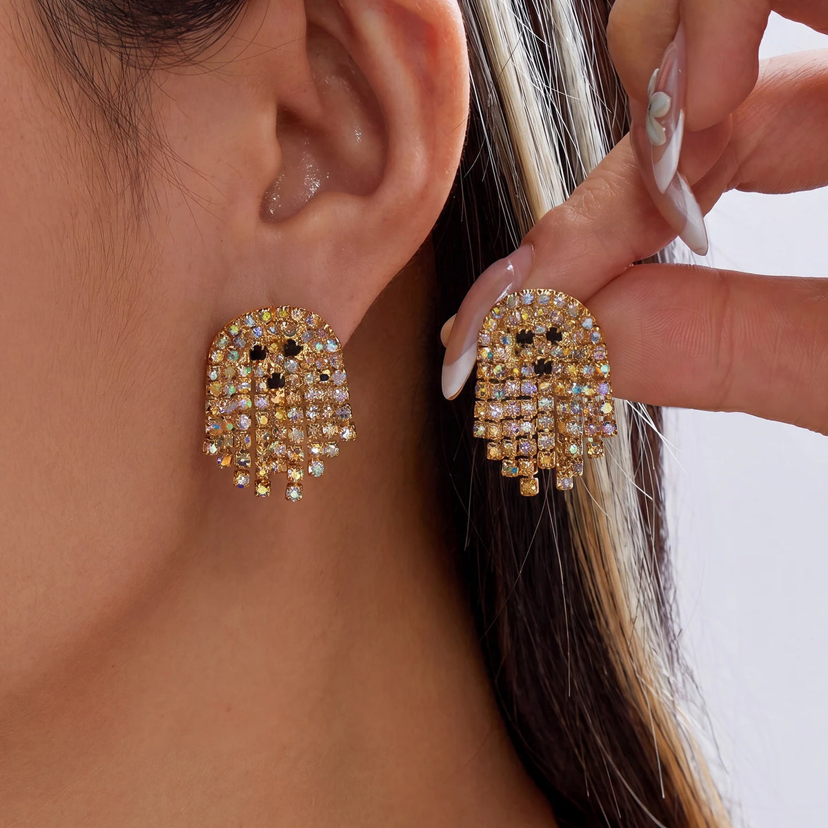 Sparkling Rhinestone Ghost Earrings for Women — Pavé Studs & Crystal Tassel Dangles (0.8–1.1 in / 2–2.8 cm) Halloween Costume Party Jewelry Gift