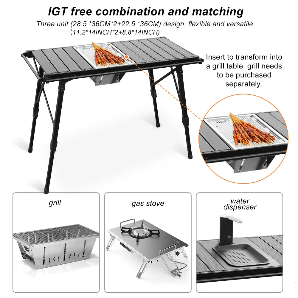 Folding Removable IGT Wood Top Camping Table – Lightweight Aluminum Alloy BBQ Grill Outdoor Picnic & Fishing Table