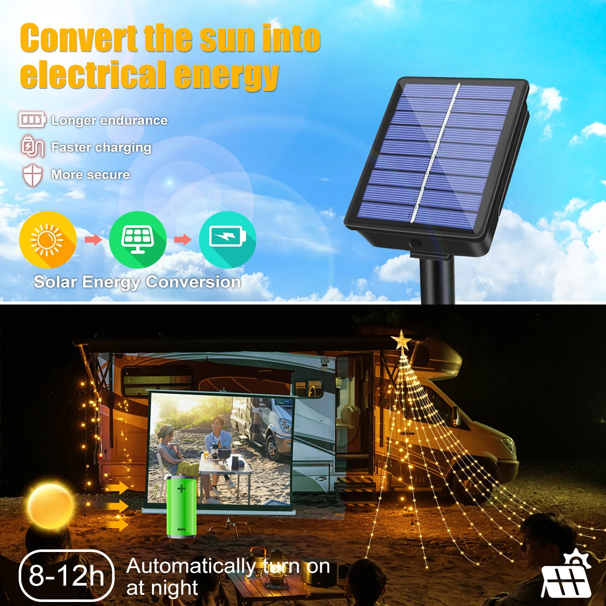 Solar Star String Lights 2m/3m (6.6/9.8 ft) IP67 Waterproof 8-Mode Warm White and Multicolor Outdoor Christmas Wedding Fairy Lights