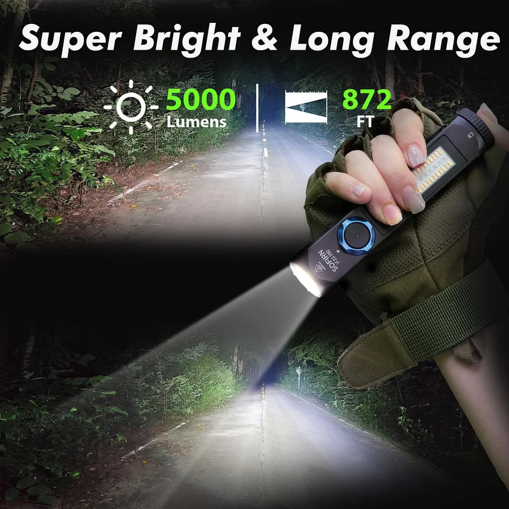 5000-Lumen Rechargeable USB-C LED Flashlight — High-Output EDC Torch with RGB Side Light, Magnetic Tailcap & Power Bank, IP66 Waterproof for Camping & Emergency