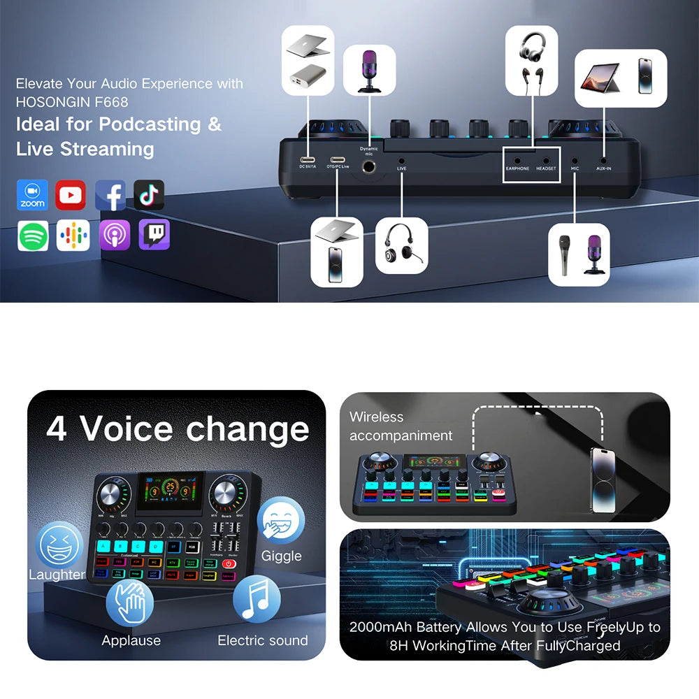 Audio Mixer Live Sound Card with DJ Effects & Voice Changer, RGB Soundboard for Music Recording, Streaming and Podcasting