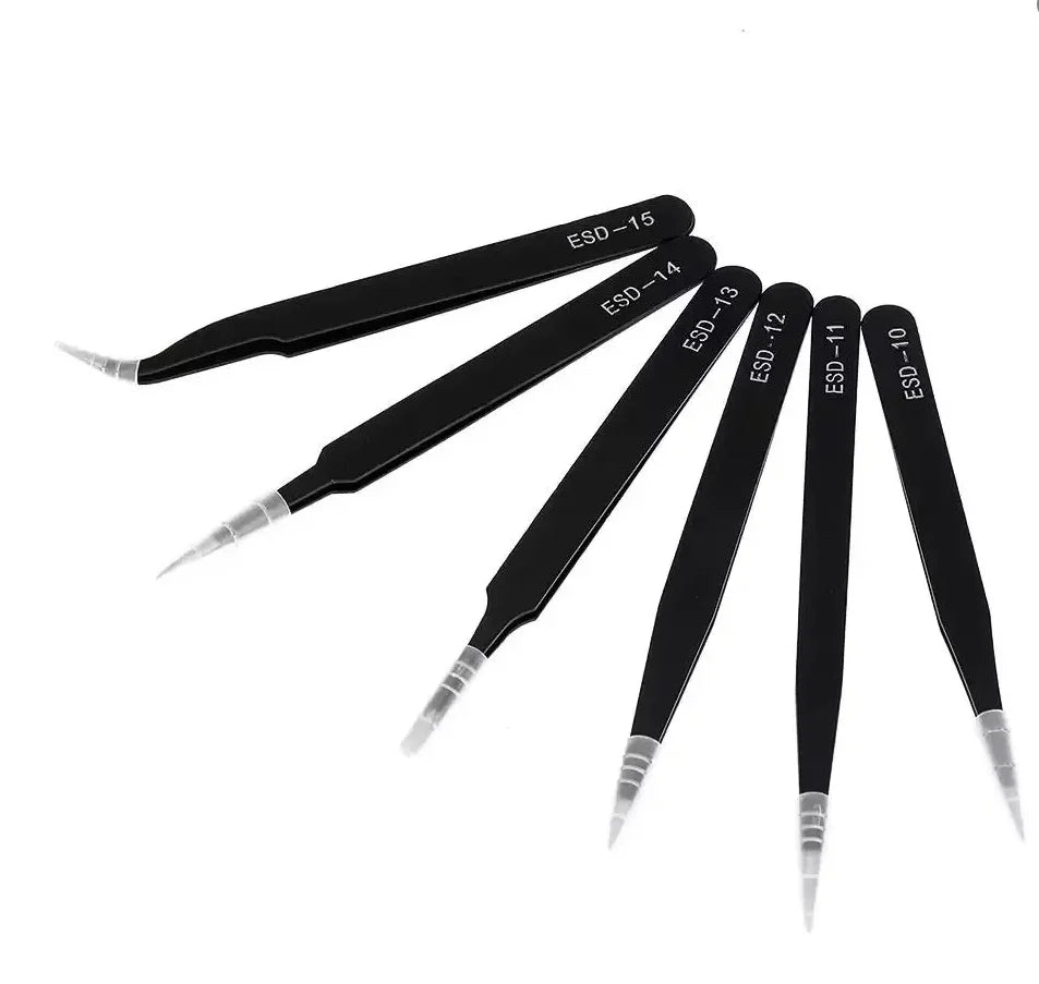 Antistatic Stainless Steel Precision Tweezers Set - 6-Piece Curved & Straight Tools for Electronics, Model Making & Repairs