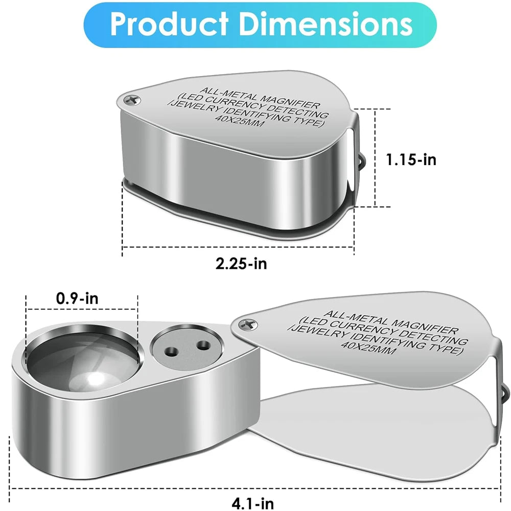 40X Jeweler Loupe Magnifier with LED & UV Light - Foldable Pocket Magnifying Glass for Jewelry Coins Stamps