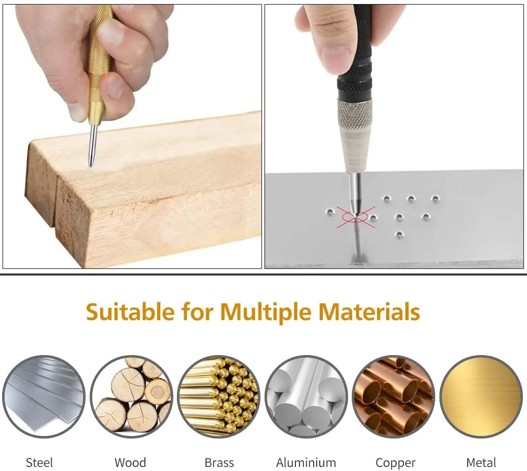 Automatic Center Punch Tool - Spring-Loaded Metal & Wood Marking Punch for Carpentry & Joinery
