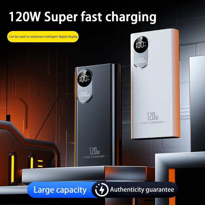 50000mAh 120W Portable Power Bank with Digital Display, Built-in Cables & Wireless Charging — Fast USB-C & Lightning