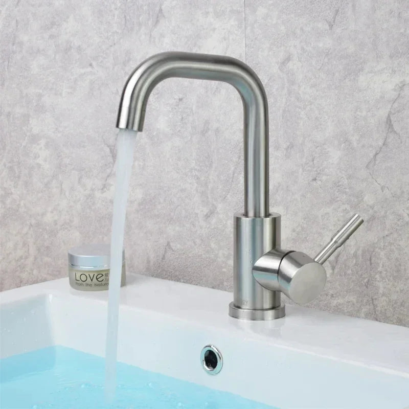 304 Stainless Steel Bathroom Basin Faucet Single Lever Mixer Tap 360° Swivel Hot & Cold Sink Faucet