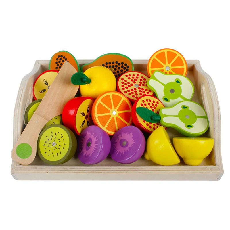 Wooden Pretend Play Kitchen Cutting Fruit and Vegetable Set – Montessori Educational Toy for Kids