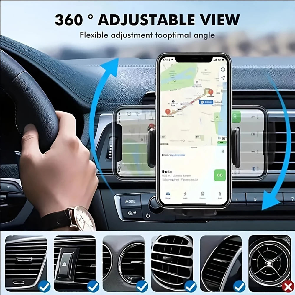 Gravity Car Air Vent Phone Holder – Universal Clip Mount for 4–7 in (10.2–17.8 cm) Smartphones, Shockproof 360° Rotation