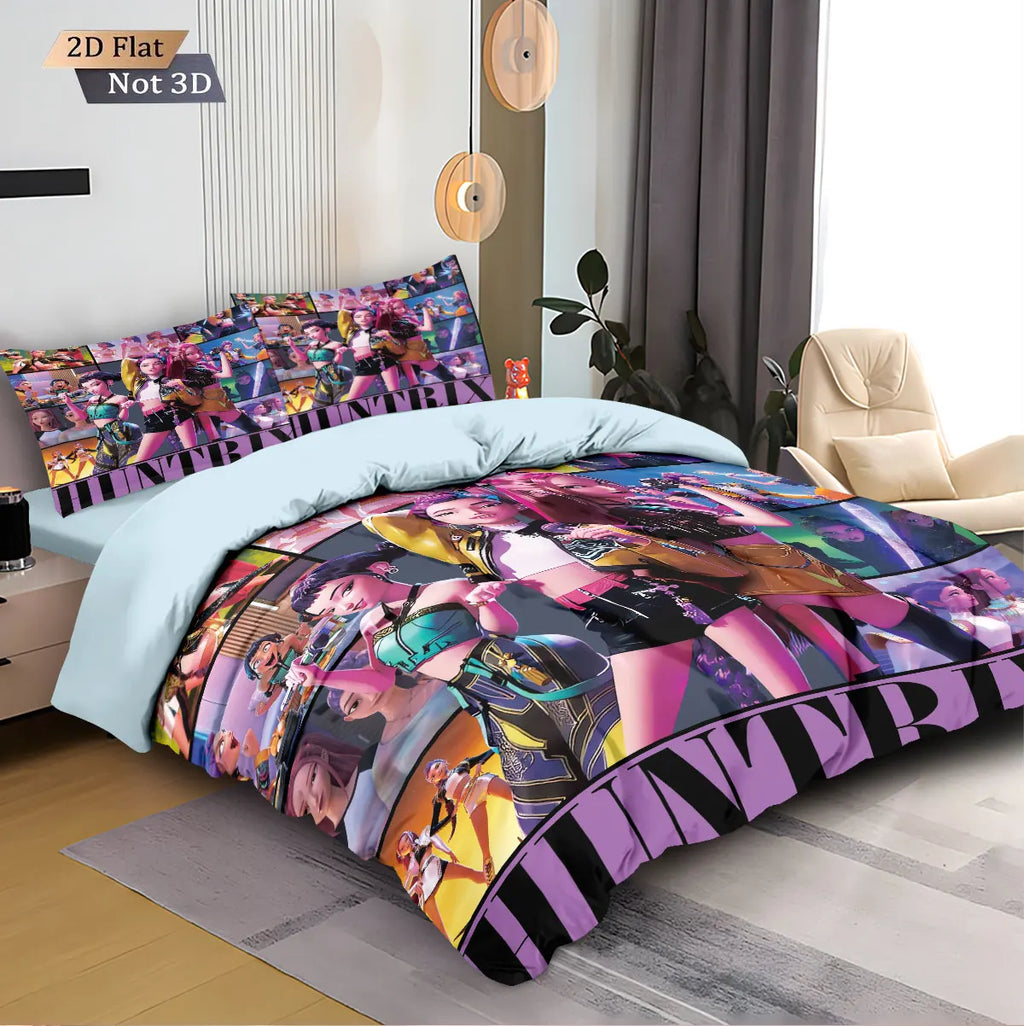 3-Piece K-Pop Devil Girl Print Duvet Cover Set - Microfiber Polyester, Machine Washable, Multiple Sizes (1.0m–2.8m)