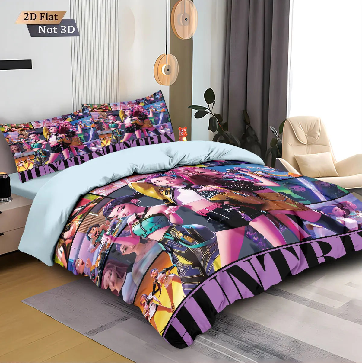 3-Piece K-Pop Devil Girl Print Duvet Cover Set - Microfiber Polyester, Machine Washable, Multiple Sizes (1.0m–2.8m)