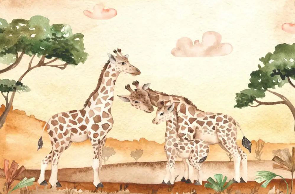 Custom Watercolor Jungle Animal Peel-and-Stick Wall Mural - Giraffe Elephant Zebra Nursery & Kids Wallpaper