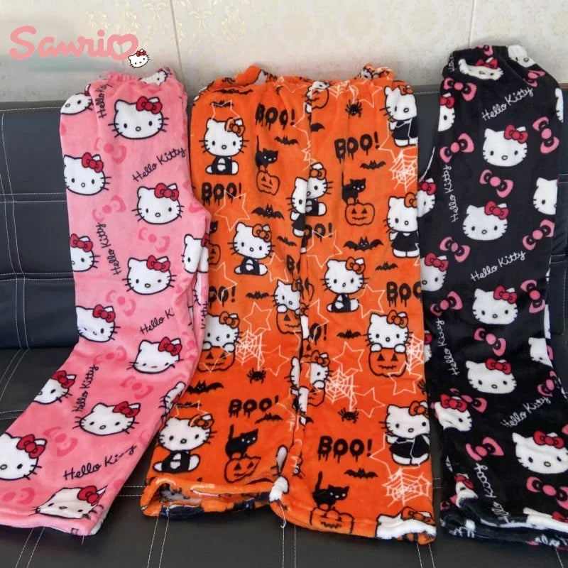 Hello Kitty Flannel Pajama Pants – Kawaii Cartoon Velvet Lounge Pants for Girls & Women, Fall Winter Home
