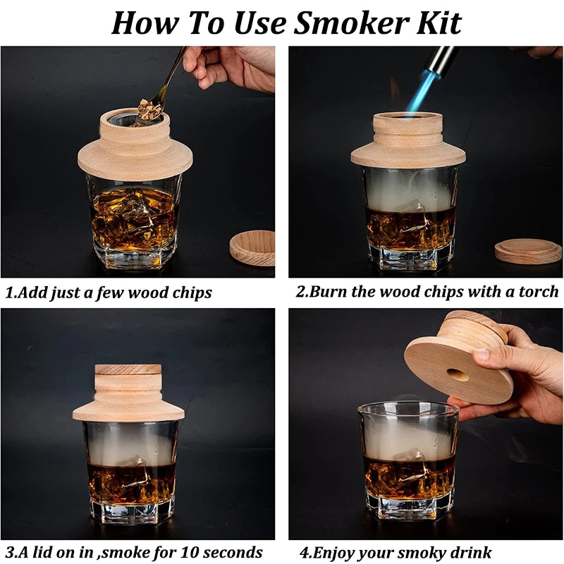 Cocktail Smoker Kit – Wooden Smoke Hood & Cold Smoke Infuser for Whiskey, Tequila & Cocktails with 4 Wood Chip Boxes