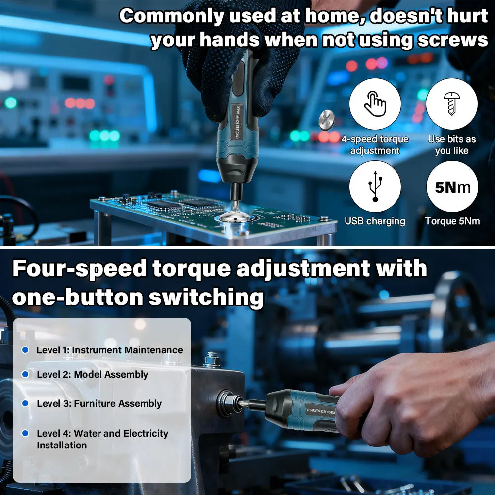 Rechargeable Cordless Electric Screwdriver Set 3.6V 1300mAh — 4 Torque Settings, LED, USB Charging