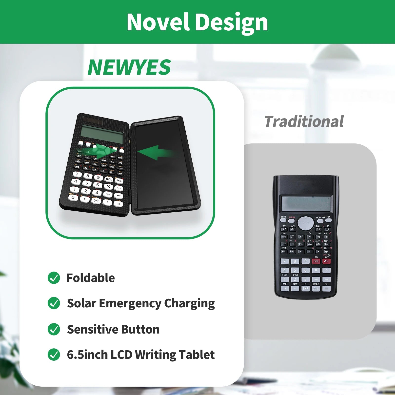 Scientific Calculator with 6.5-Inch (16.5 cm) Writing Tablet — 349-Function Engineering & Financial Calculator, Solar + Battery, Foldable Portable for Students & Office