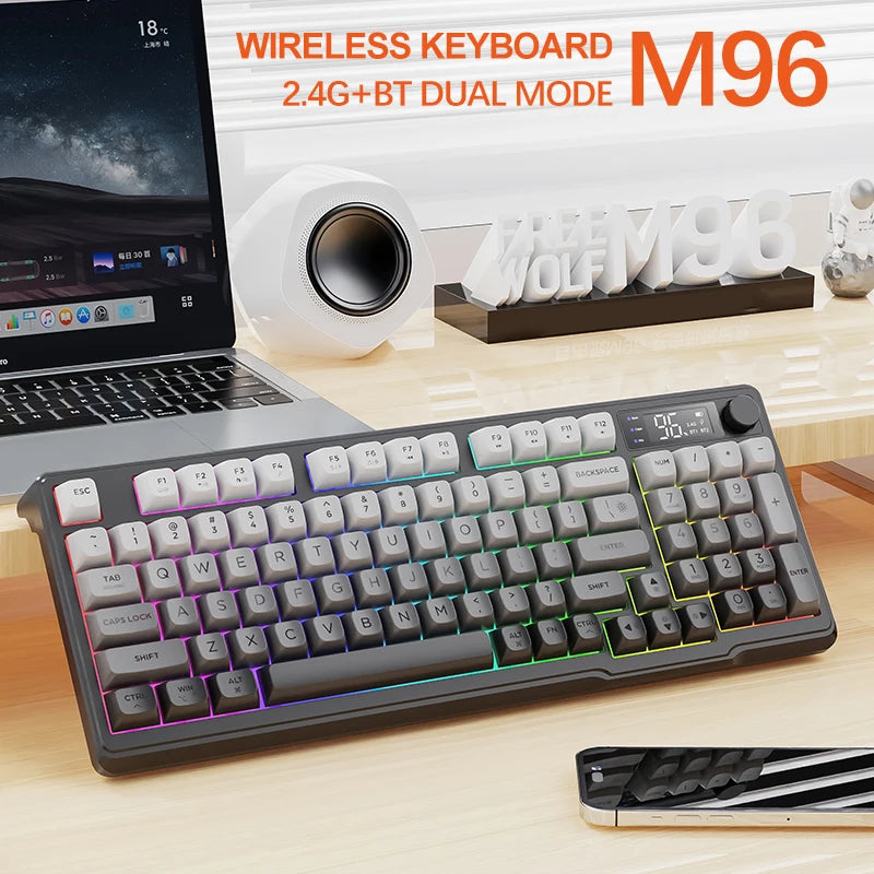 96-Key Bluetooth & 2.4G Wireless Gaming Keyboard with Smart Screen, RGB Backlight, Ergonomic PBT Keycaps — Multi-Device for PC Laptop Tablet